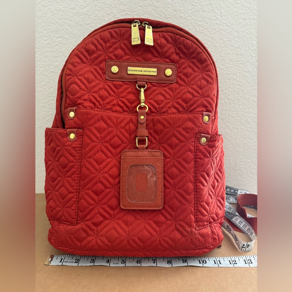 ADRIENNE VITTADINI QUILTED Red BACKPACK Bag Pack Sack GOLD ZIPPER NAME TAG